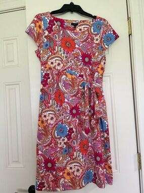 Talbots Pink Multi Floral Paisley Tie-Waist Midi Dress